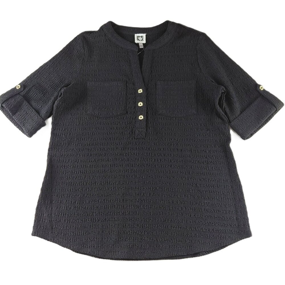 Anne Klein Collarless Textured Henley Blouse Women's Size Small Black
